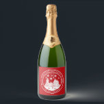 Merry Christmas Happy Holidays Winter Personalised Sparkling Wine Label<br><div class="desc">Merry Christmas Happy Holidays Winter Personalised Name sparkling wine Labels features the text "Merry Christmas and Happy Holidays" in modern white script on a red background and personalised with your name surrounding a home with Christmas trees and snowflakes. Perfect for Christmas party favours and Holiday gifts. Designed by ©Evco Studio...</div>