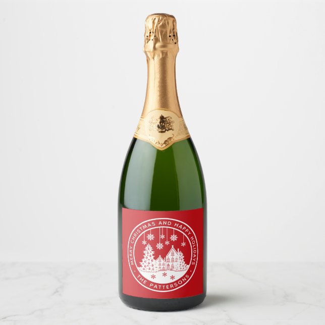 Merry Christmas Happy Holidays Winter Personalised Sparkling Wine Label (Front)