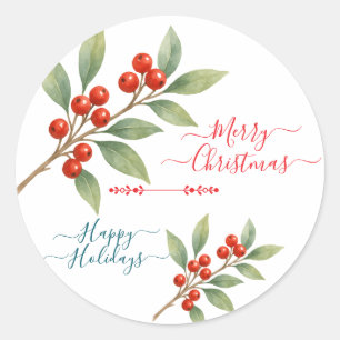 Merry Christmas Happy Holidays Winterberry Design Classic Round Sticker