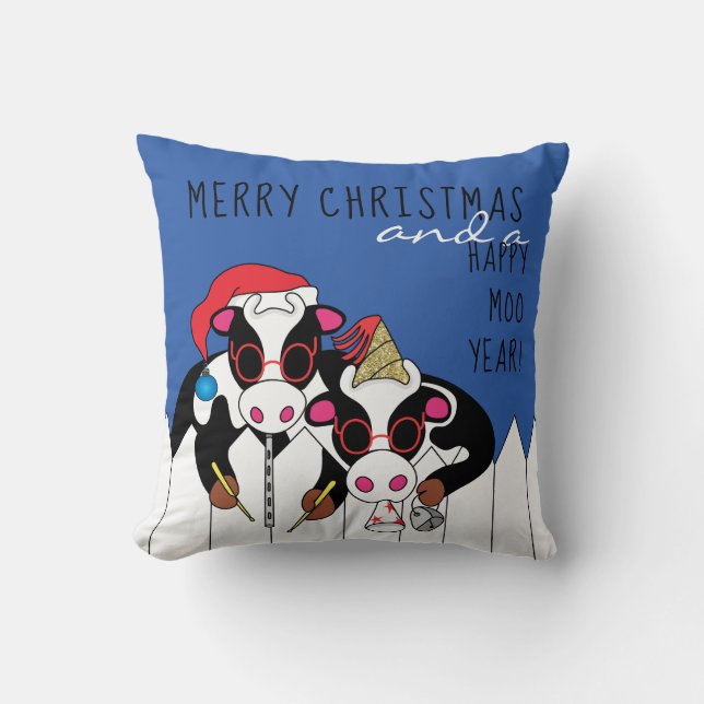 Merry Christmas Happy Moo Year Cow Moosicians Cushion (Front)