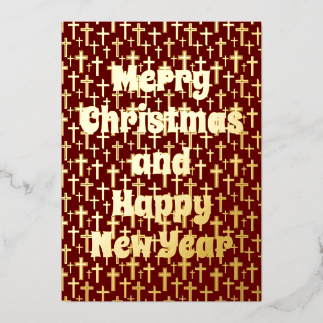 Merry Christmas & Happy Near Year cross burgundy Foil Holiday Card (Front)