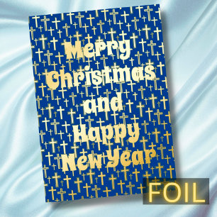 Merry Christmas & Happy Near Year cross navy blue Foil Holiday Card