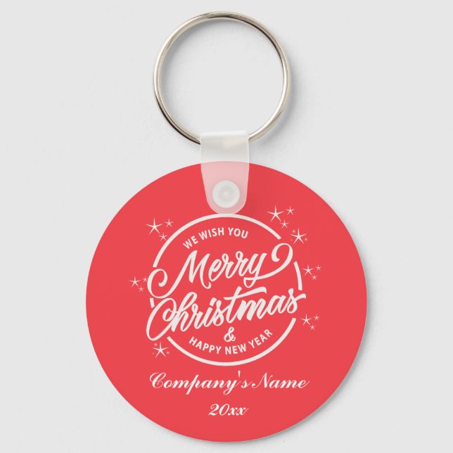 Merry Christmas & Happy New Yea, White Typography Key Ring (Front)