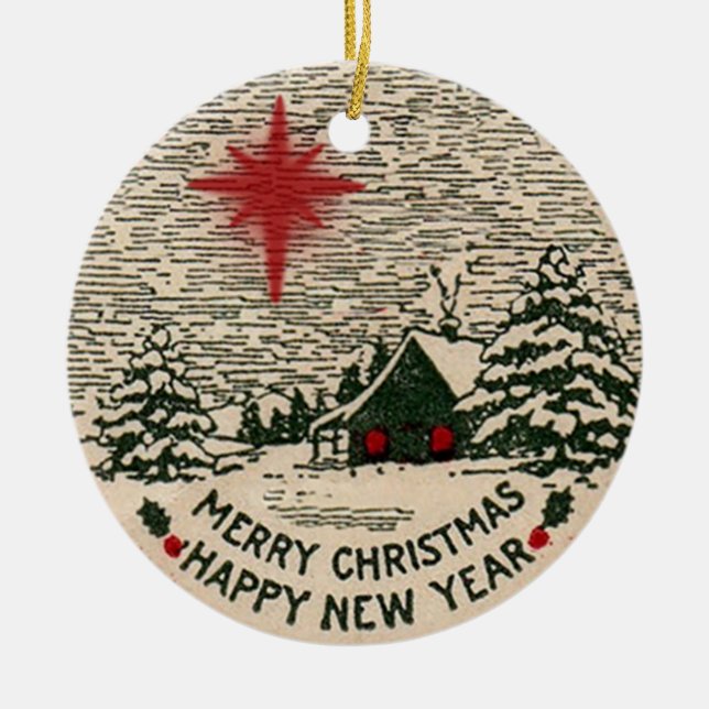 Merry Christmas Happy New Year 1911 Christmas Seal Ceramic Ornament (Front)