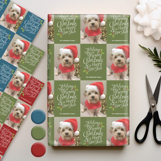 Merry Christmas Happy New Year - 1 Photo Whimsical Wrapping Paper Sheet (Personalized Photo Wrapping Paper)
