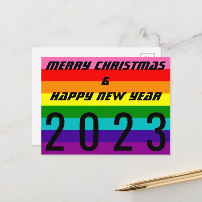 Merry Christmas Happy New Year 2023 Rainbow Flag Holiday Postcard (Front/Back In Situ)