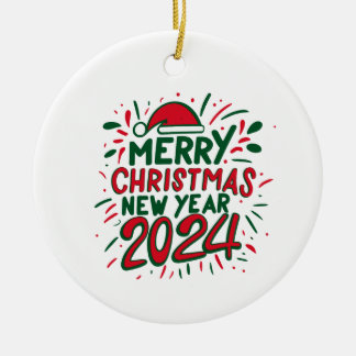 Merry Christmas Happy New Year 2024 Ceramic Ornament