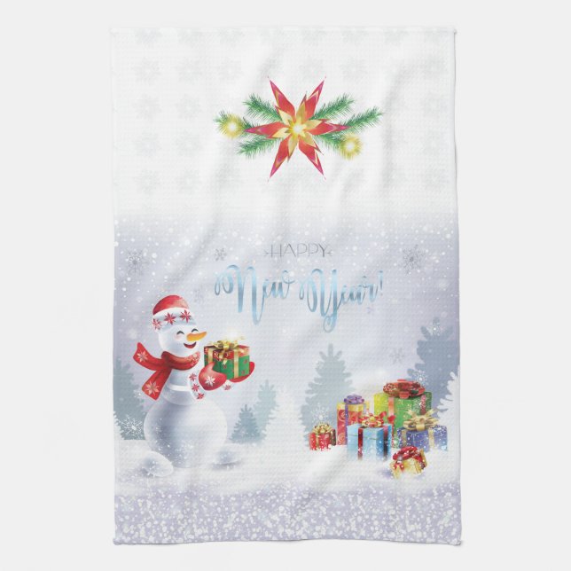 Merry Christmas & Happy New Year 2026 XMAS Snowman Tea Towel (Vertical)