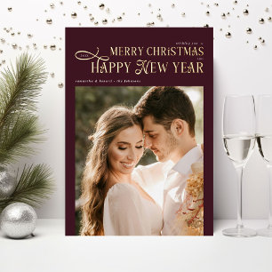 Merry Christmas Happy New Year 2 Photos Burgundy Foil Holiday Card