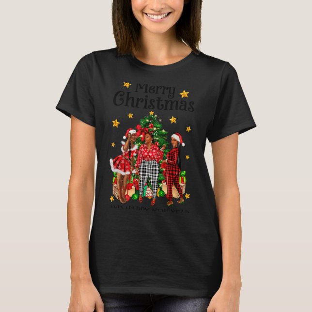 Merry Christmas Happy New Year African American Bl T-Shirt (Front)