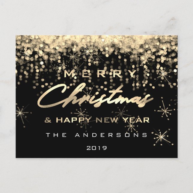 Merry Christmas Happy New Year Black Gold Lights Postcard (Front)