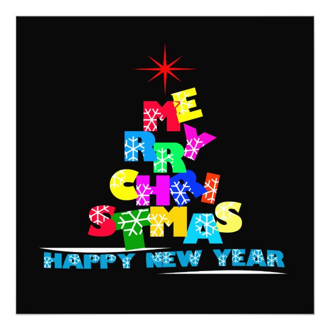 Merry Christmas Happy New Year Black Photo Print (Front)