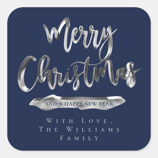 Merry Christmas Happy New Year Blue Silver Grey Square Sticker (Front)