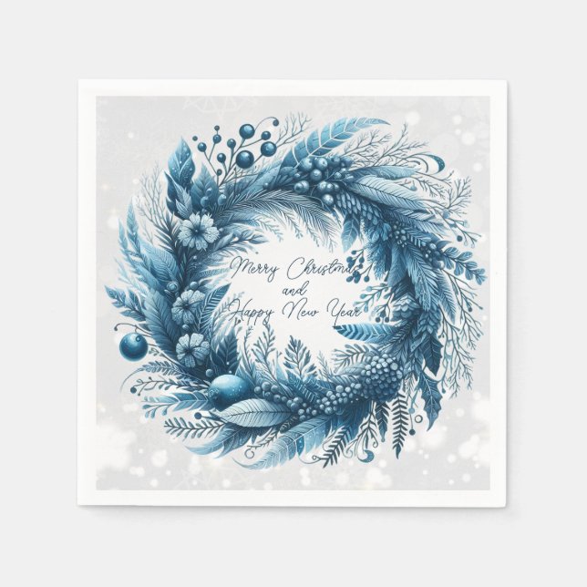 Merry Christmas  Happy New Year Blue Wreath Napkin (Front)