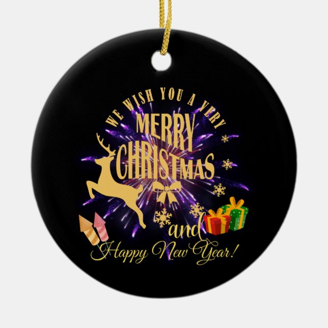 Merry Christmas Happy New Year  Ceramic Ornament (Front)