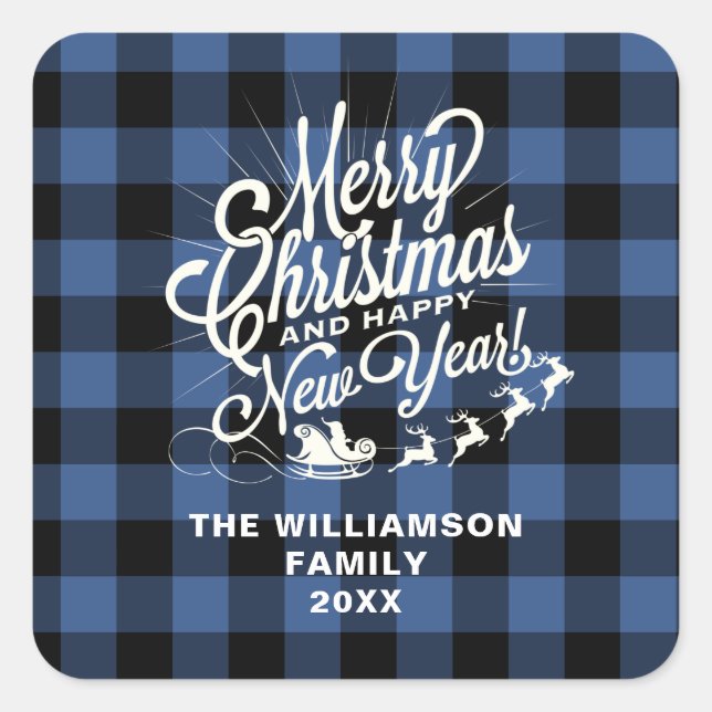 Merry Christmas Happy New Year Classic Blue Check Square Sticker (Front)