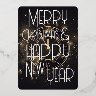 Merry Christmas Happy New Year Clock Foil Holiday Card