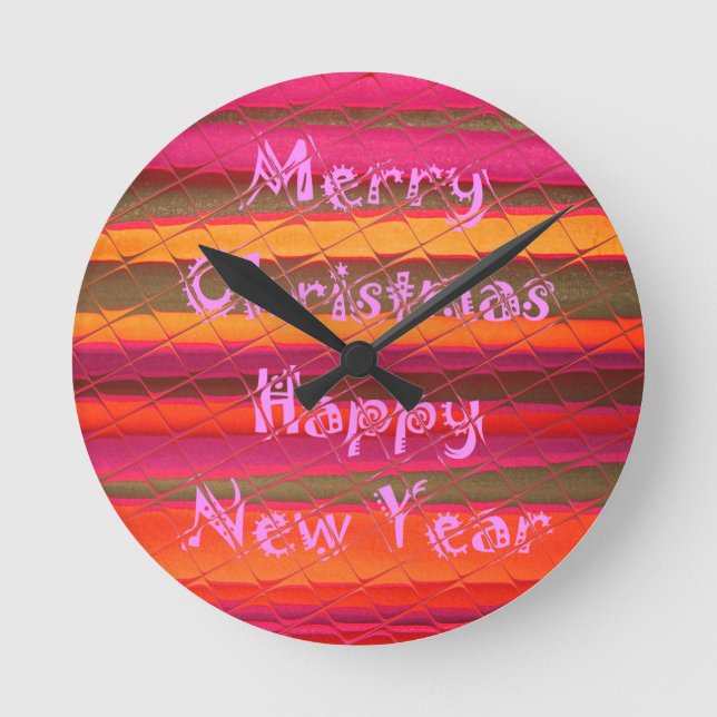 Merry Christmas Happy New Year Colour Design Round Clock (Front)
