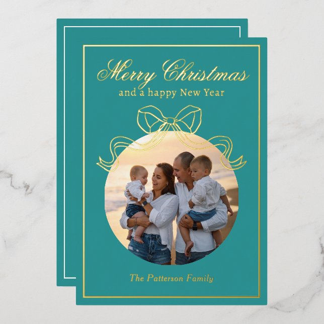 Merry Christmas Happy New Year Coquette Bow Photo Foil Holiday Card (Front/Back)