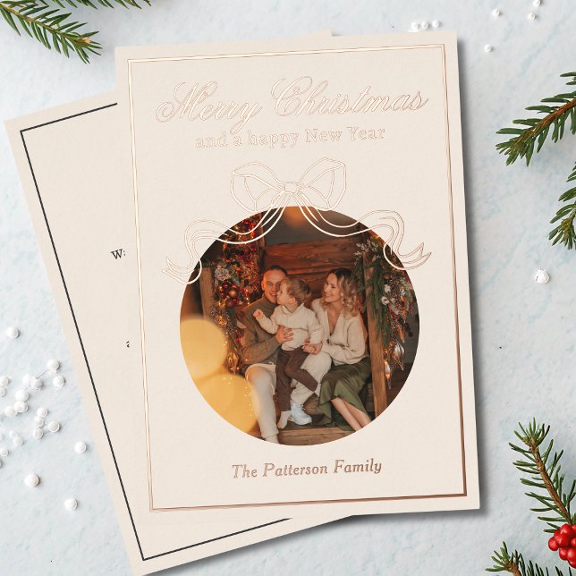 Merry Christmas Happy New Year Coquette Bow Photo Foil Holiday Card (Creator Uploaded)