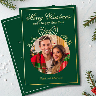 Merry Christmas Happy New Year Coquette Bow Photo Foil Holiday Card