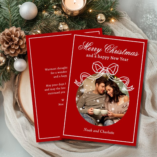 Merry Christmas Happy New Year Coquette Bow Photo Holiday Card (Creator Uploaded)