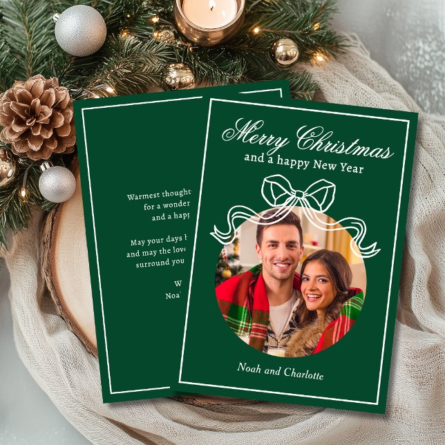 Merry Christmas Happy New Year Coquette Bow Photo Holiday Card (Creator Uploaded)