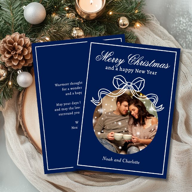 Merry Christmas Happy New Year Coquette Bow Photo Holiday Card (Creator Uploaded)