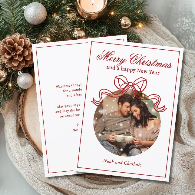 Merry Christmas Happy New Year Coquette Bow Photo Holiday Card (Creator Uploaded)