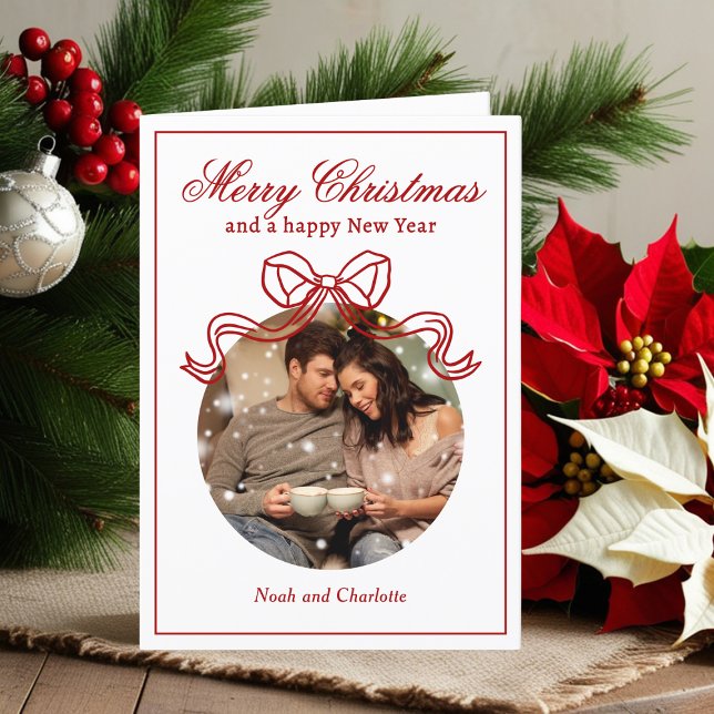 Merry Christmas Happy New Year Coquette Bow Photo Holiday Card (Creator Uploaded)