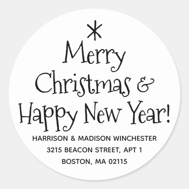 Merry Christmas Happy New Year cute address Classic Round Sticker (Front)