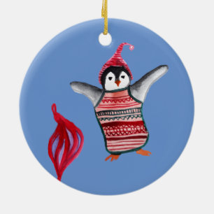 Merry Christmas, Happy New Year, Cute Penguin Art  Ceramic Ornament