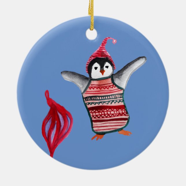 Merry Christmas, Happy New Year, Cute Penguin Art  Ceramic Ornament (Back)