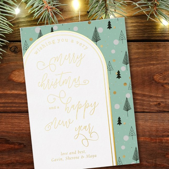 Merry Christmas Happy New Year Doodle Fir Trees Foil Holiday Card (Creator Uploaded)