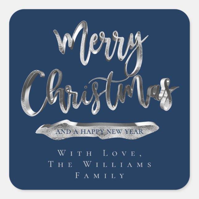Merry Christmas Happy New Year Elegant Blue Silver Square Sticker (Front)