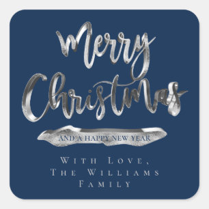 Merry Christmas Happy New Year Elegant Blue Silver Square Sticker