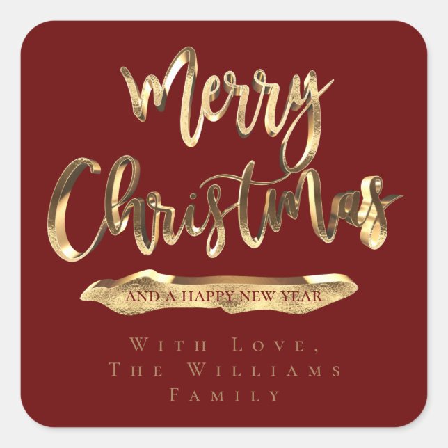 Merry Christmas Happy New Year Elegant Red Gold Square Sticker (Front)