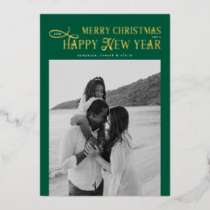 Merry Christmas Happy New Year Family 4 Photos Foil Holiday Card