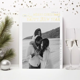 Merry Christmas Happy New Year Family 4 Photos Foil Holiday Card