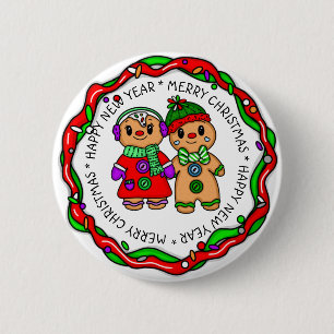 Merry Christmas   Happy New Year   Gingerbread Man 6 Cm Round Badge