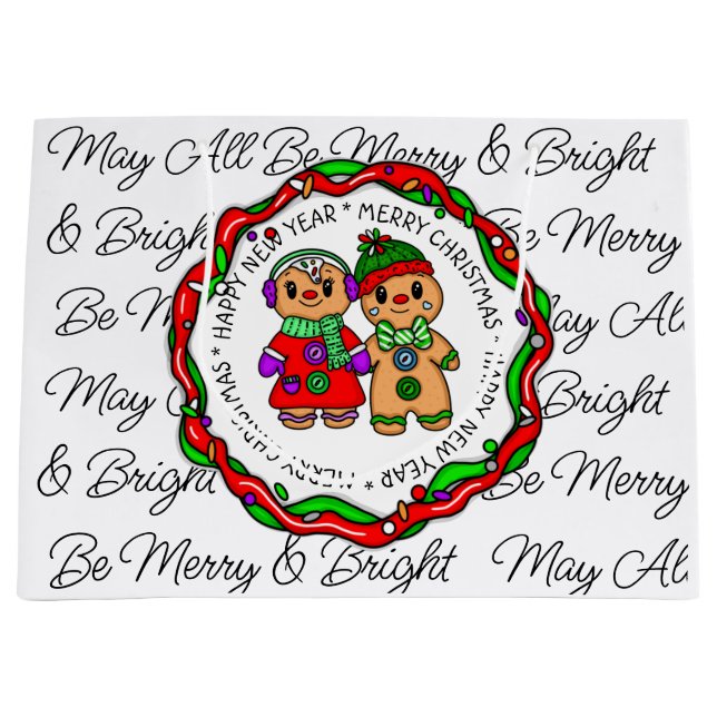 Merry Christmas | Happy New Year | Gingerbread Man Large Gift Bag (Front)