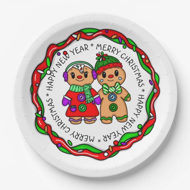 Merry Christmas | Happy New Year | Gingerbread Man Paper Plate (Front)