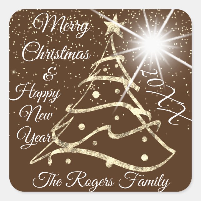 Merry Christmas & Happy New Year Gold Brown Square Sticker (Front)