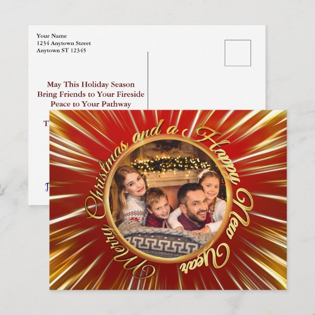 Merry Christmas Happy New Year Gold Circle Photo Postcard (Front/Back)