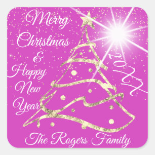 Merry Christmas & Happy New Year Gold Pink  Square Sticker