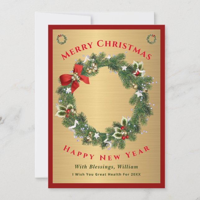 Merry Christmas Happy New Year Gold Red Photo Holiday Card (Front)