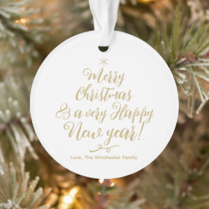 Merry Christmas Happy New Year gold script photo Ornament