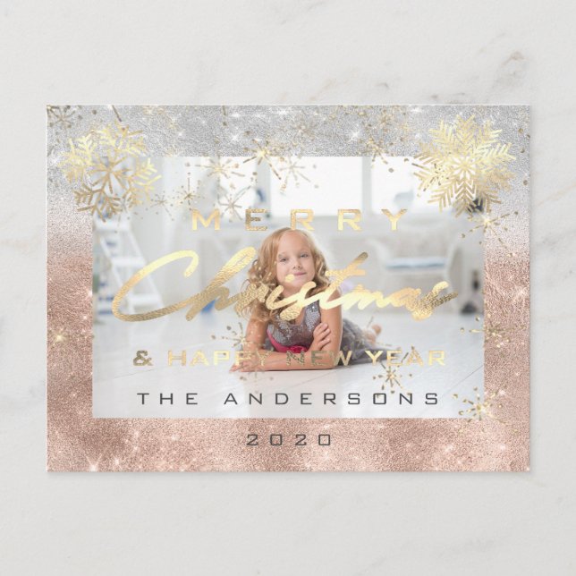 Merry Christmas Happy New Year Gold Snow Photo Gra Postcard (Front)