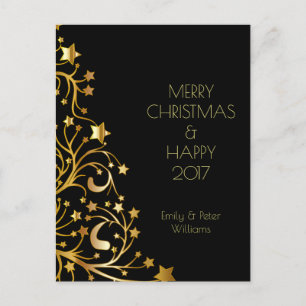 Merry Christmas Happy New Year Gold Stars Black Holiday Postcard