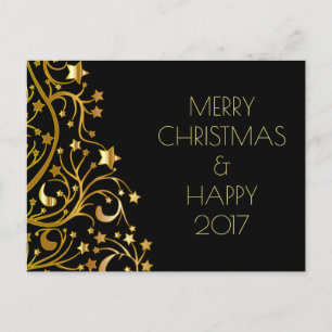 Merry Christmas Happy New Year Gold Stars Black Holiday Postcard